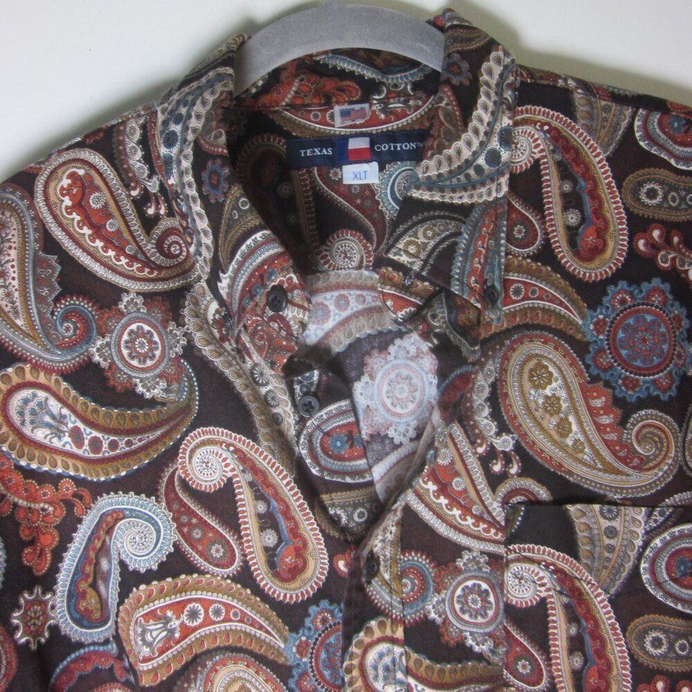 Texas Cotton Mens Size XLT VINTAGE Brown Paisley Button Front Shirt Made in USA